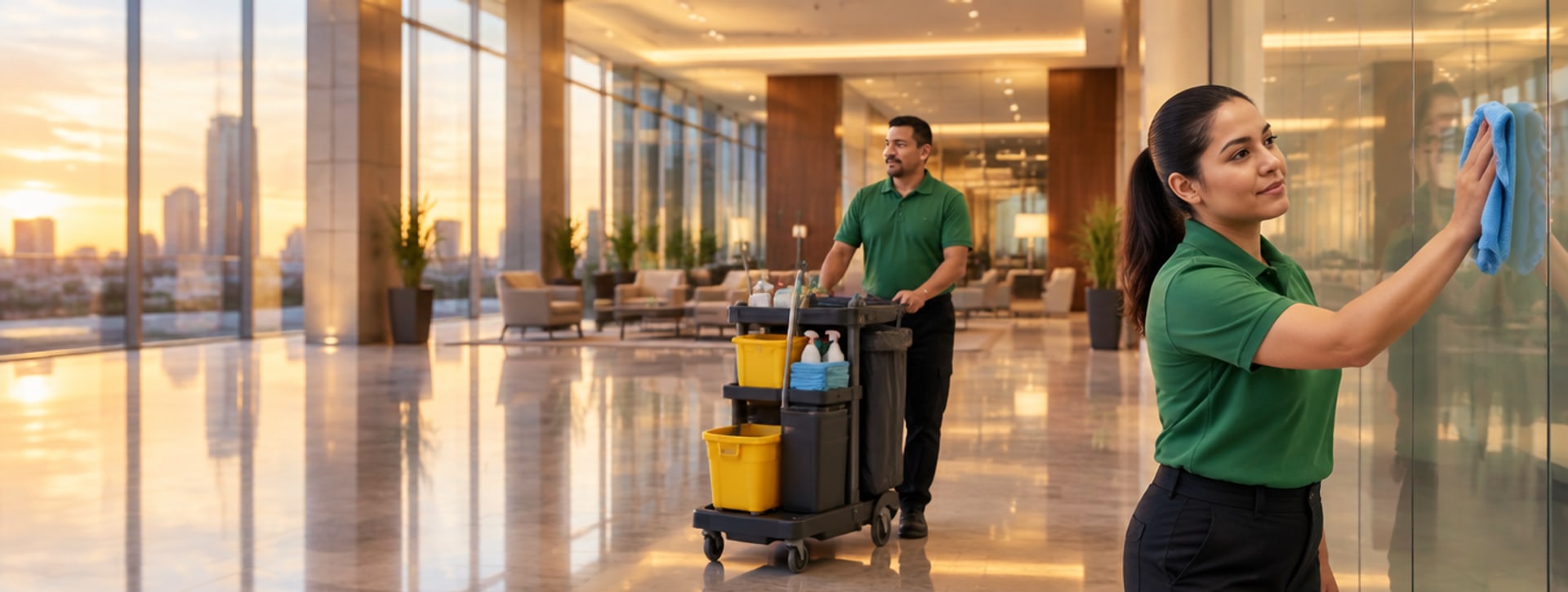 Office Pride cleaning crew caring for a bright commercial lobby