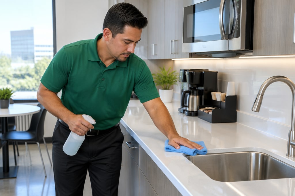 Cleaning professional wiping the kitchen counter in an office break room