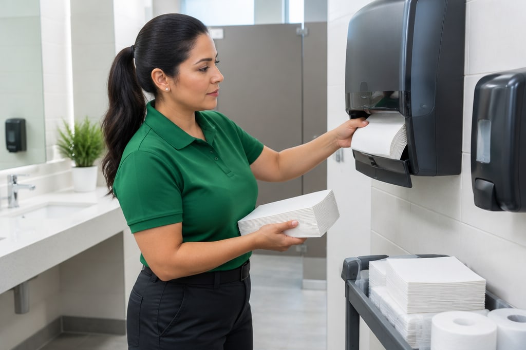 Cleaning professional restocking a restroom paper towel dispenser