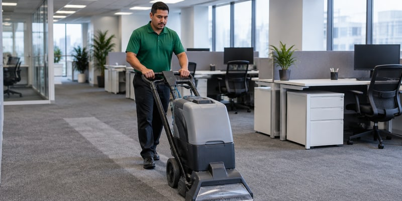 Cleaning professional operating a carpet extractor between office desks