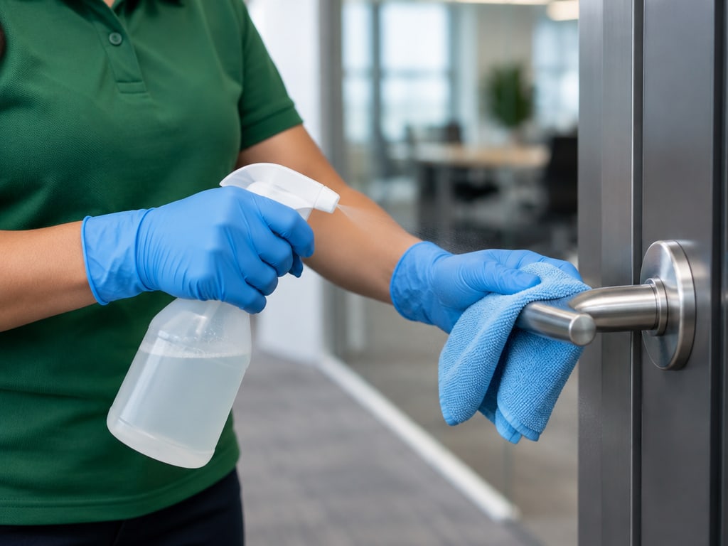 Gloved cleaning professional disinfecting a door handle with a cloth and spray
