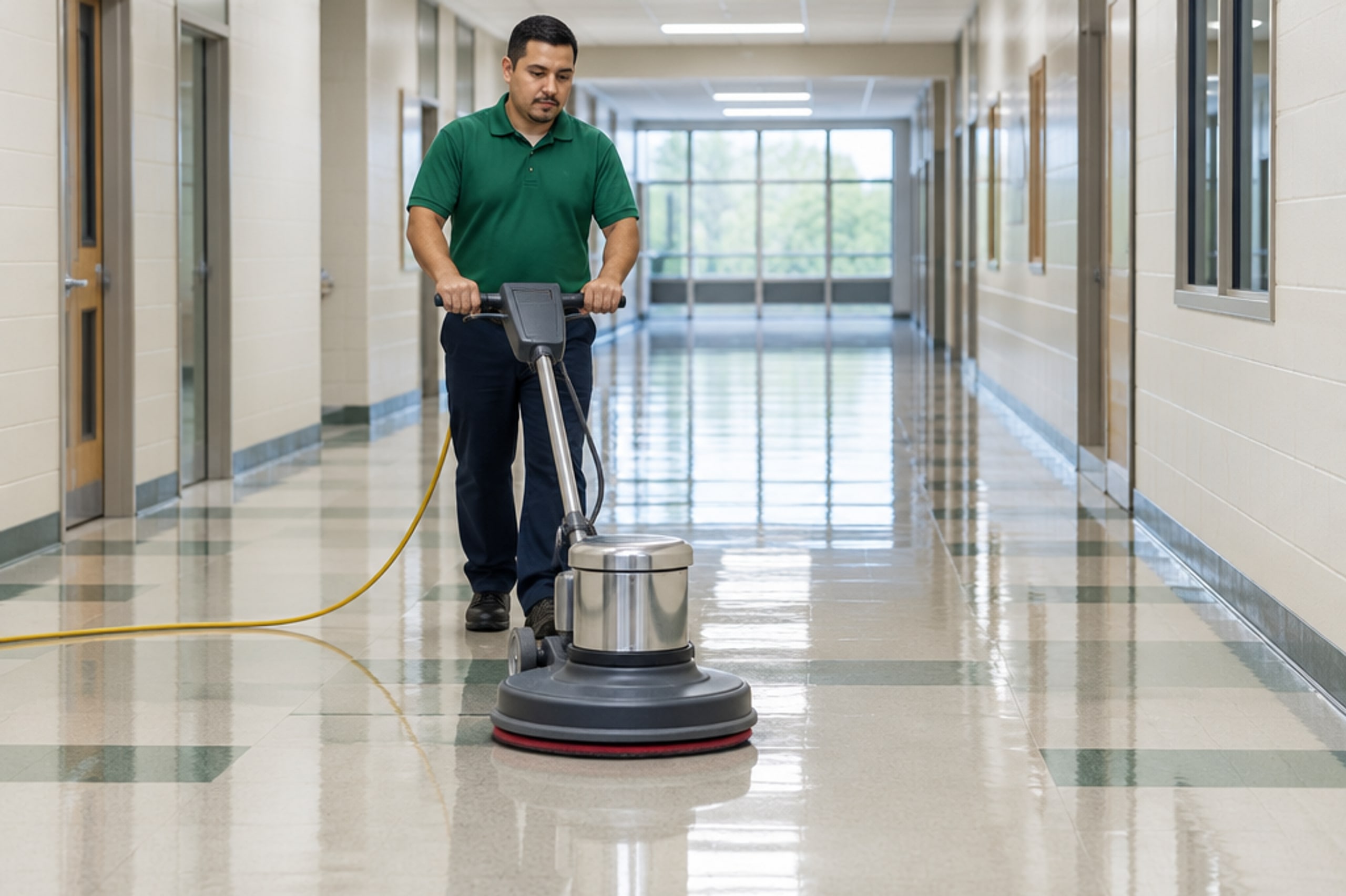 Cleaning professional operating a floor burnisher on a glossy corridor floor